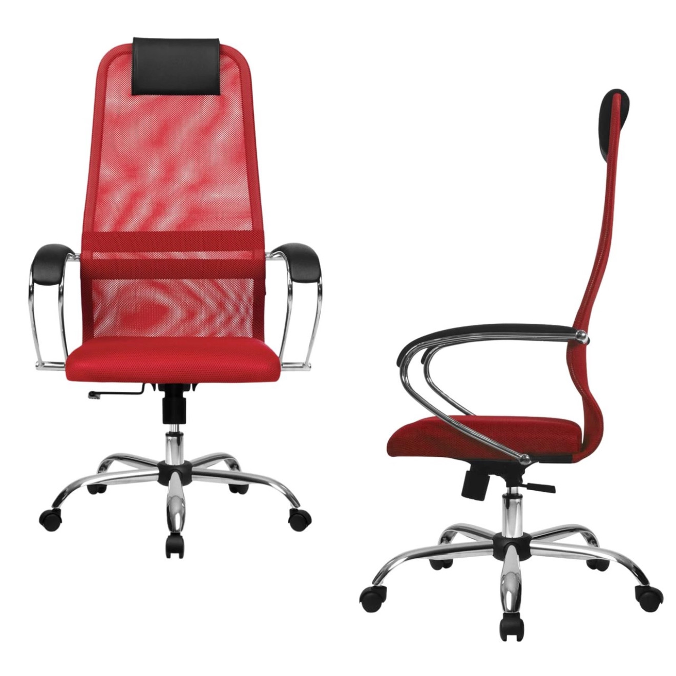 Кресло офисное хром, ткань-сетка, сиденье мягкое, красное